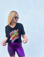 Mardi Gras Feathered Multicolor Mask Black Crop V-Neck T-Shirt