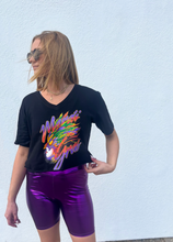 Mardi Gras Feathered Multicolor Mask Black Crop V-Neck T-Shirt