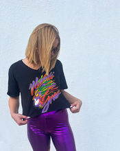 Mardi Gras Feathered Multicolor Mask Black Crop V-Neck T-Shirt