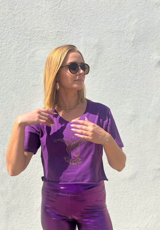 Rhinestone Jester Purple Crop V-Neck T-Shirt