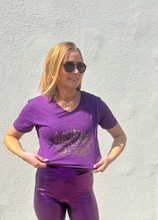 Rhinestone Mardi Gras Mask Purple Crop V-Neck T-Shirt