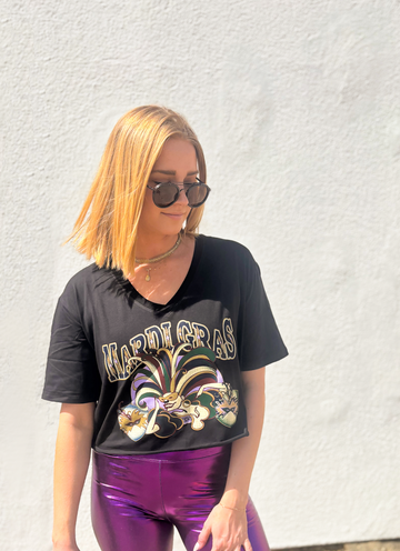 Mardi Gras Reveler Black V-Neck Crop T-Shirt