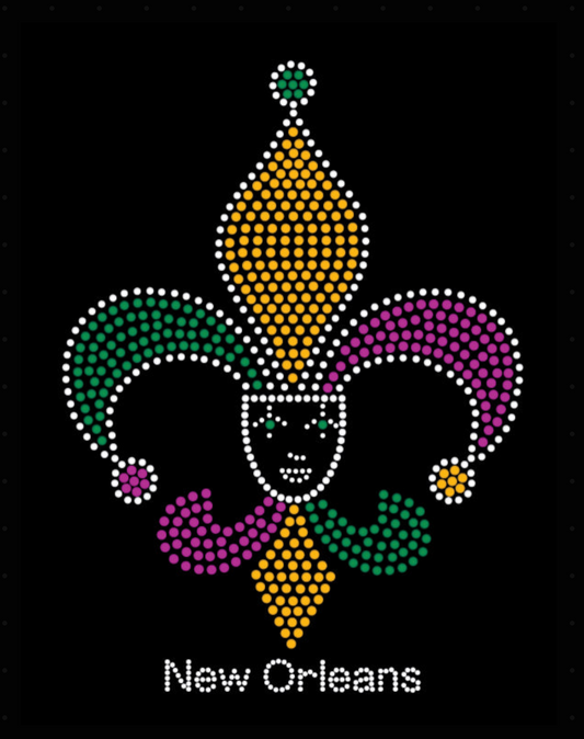 T-shirt femme cintré à manches longues et col en V, motif Fleur de Lys avec masque central en strass