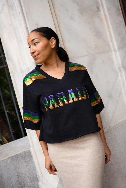 Sequin Parade Short Sleeve Crop Pullover