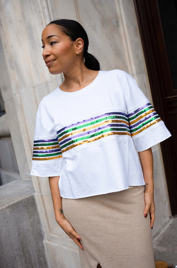 Pull court à manches courtes avec rayure poitrine à sequins - Blanc