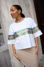 Sequin Chest Stripe Short Sleeve Crop Pullover - White