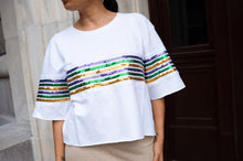 Sequin Chest Stripe Short Sleeve Crop Pullover - White