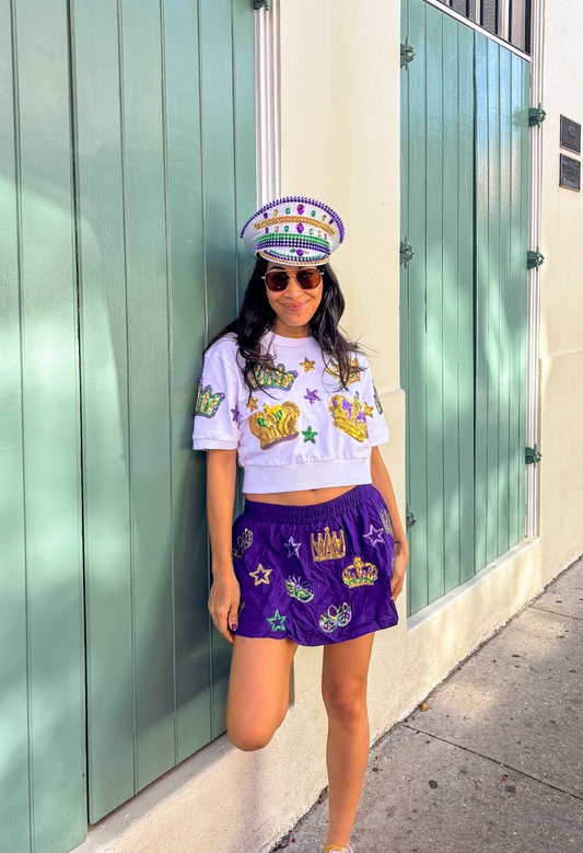 White Crown and Stars Short Sleeve Crop Top