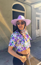 Mardi Gras Floral Block Print Button Up Crop Top Shirt