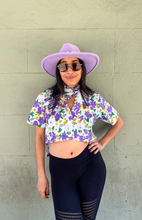 Mardi Gras Floral Block Print Button Up Crop Top Shirt