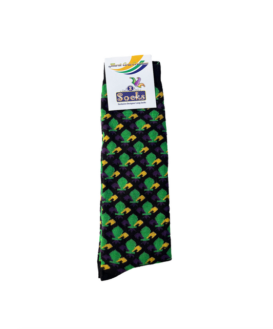Chaussettes noires avec fleurs de lys violettes, vertes et dorées (bébé, enfant et adulte)