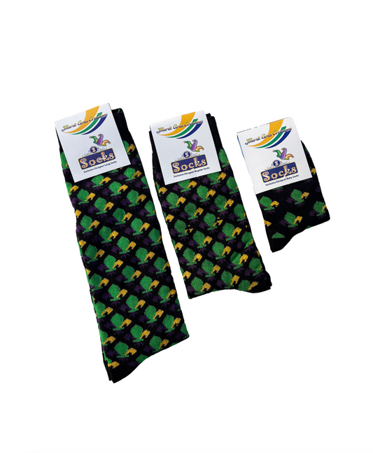 Chaussettes noires avec fleurs de lys violettes, vertes et dorées (bébé, enfant et adulte)