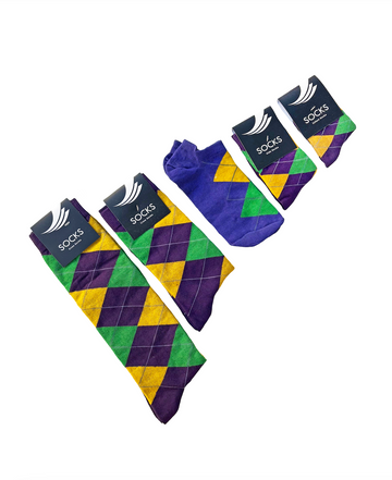 Chaussettes imprimées arlequin violet vert or golf