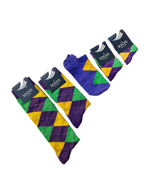 Purple Green Gold Golf Harlequin Print Socks