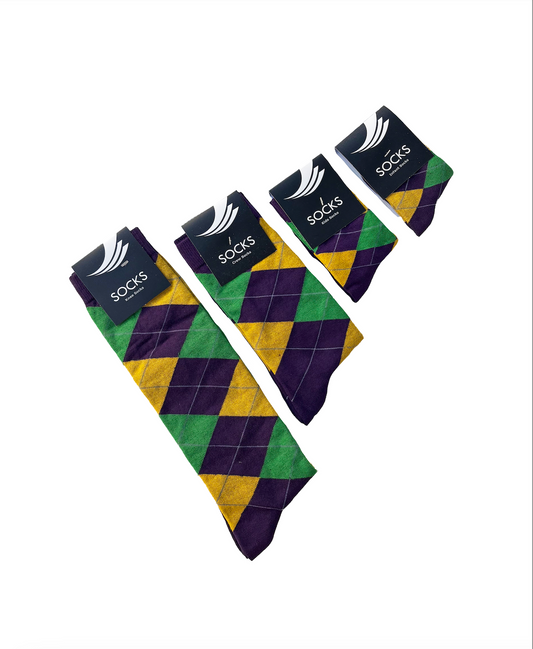 Purple Green Gold Golf Harlequin Print Socks
