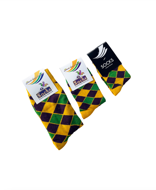 Yellow Diamond Printed Socks with Purple Green and Gold (Infants, Kids, and Adults)