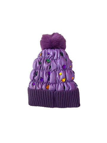 Lavender Quilted Beanie with Pom Pom and Rhinestones
