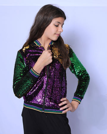 Veste à sequins violette, verte et dorée classique pour jeune