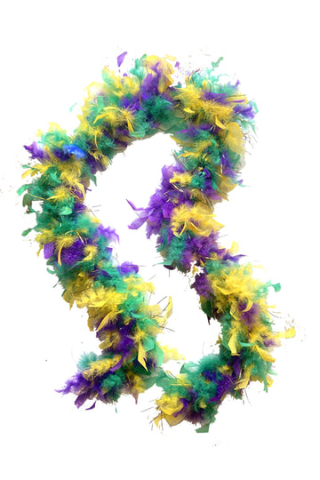 Boas de plumas moradas, verdes y doradas con serpentinas a juego