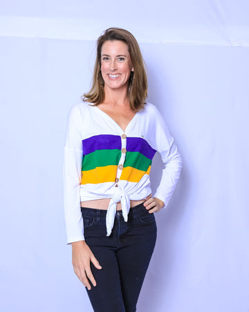 Top con lazo, abotonado, con raya en el pecho y color blanco