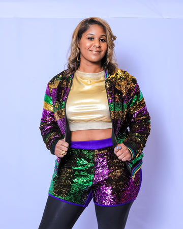 Pantalones Cortos de Lentejuelas Morado, Verde y Dorado para Adulto Clásico