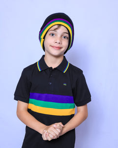 Black Mardi Gras Rugby Beanie with Purple Green and Gold Stripes
