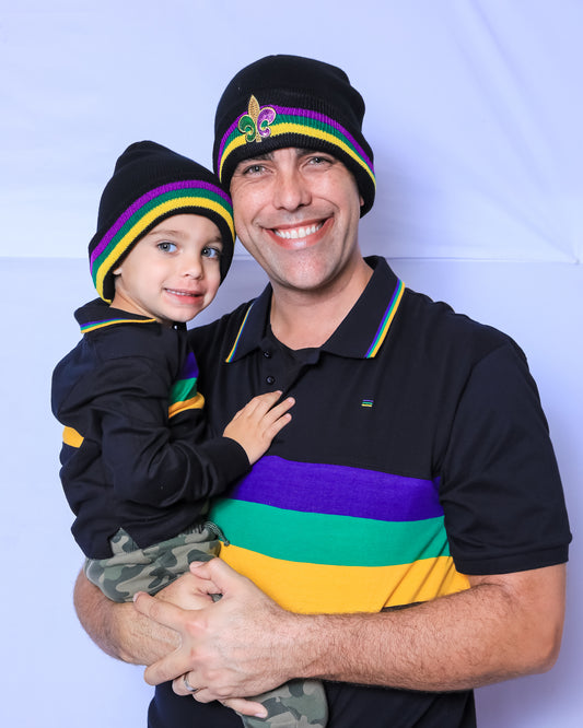 Black Mardi Gras Rugby Beanie with Purple Green and Gold Stripes