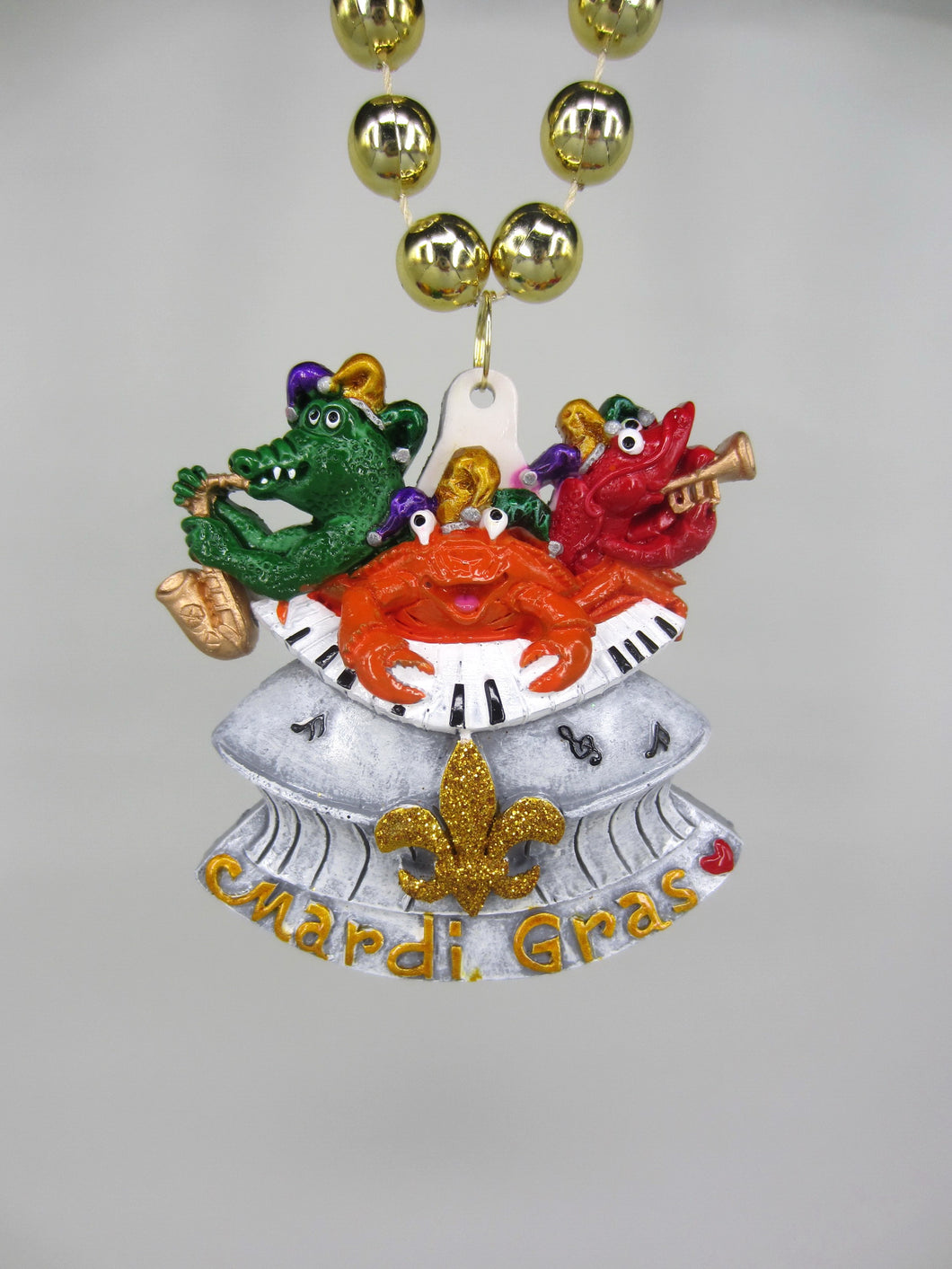 New Orleans Superdome with Mardi Gras Crawfish, Crab and Alligator Band on a Gold Specialty Bead