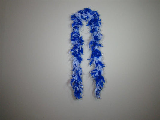 Boa de plumas bicolor azul real y blanco con papel metalizado a juego