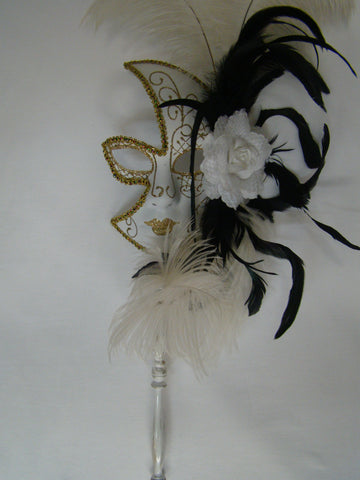 Masque intégral avec fleurs latérales et plumes avec bâton détachable - Accents dorés
