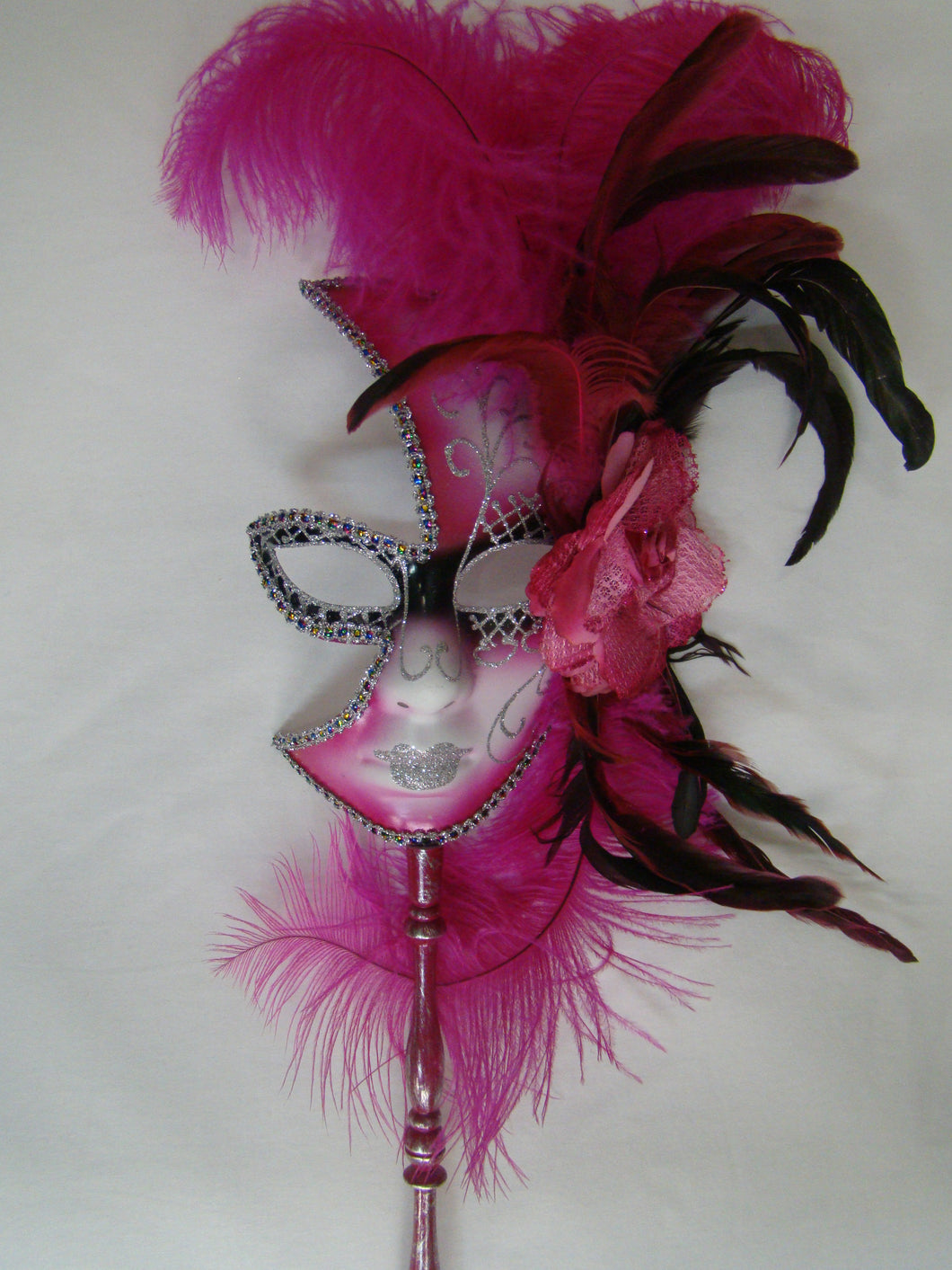 Full Face Mask with Side Flowers and Feathers with Detachable Stick- Silver Accents