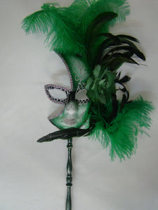 Full Face Mask with Side Flowers and Feathers with Detachable Stick- Silver Accents