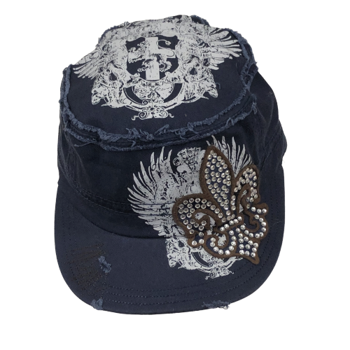 Adult Military Style Denim Rhinestone Fleur de Lis Cap With Wings and A Cross Printed On Top