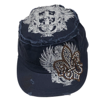 Adult Military Style Denim Rhinestone Fleur de Lis Cap With Wings and A Cross Printed On Top