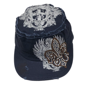 Adult Military Style Denim Rhinestone Fleur de Lis Cap With Wings and A Cross Printed On Top