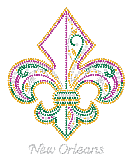 Fleur de Lis Purple Green Gold with Swirls Rhinestone Tshirt
