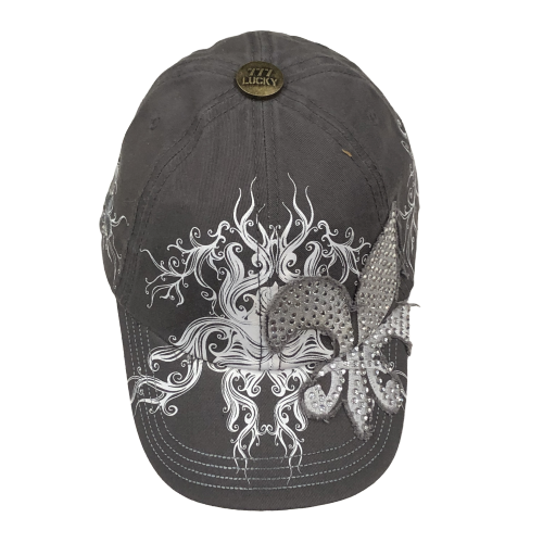Adult Gray Military Style Rhinestone Fleur de Lis Cap With a Scroll Design