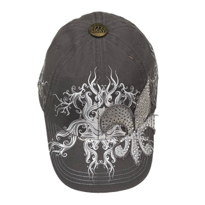 Adult Gray Military Style Rhinestone Fleur de Lis Cap With a Scroll Design