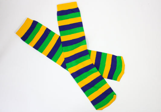 Calcetines con estampado de rugby de rayas moradas, verdes y doradas (bebés, niños y adultos)