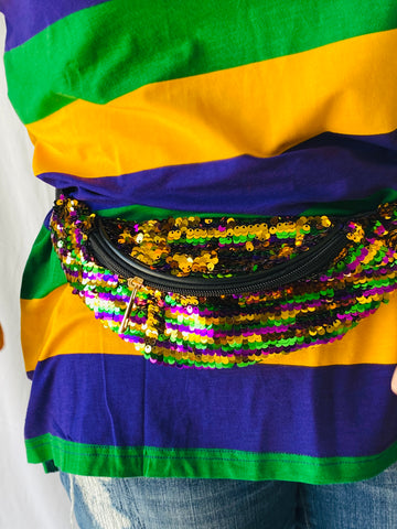 Sac banane à sequins magiques réversibles violet, vert et doré avec sangle réglable