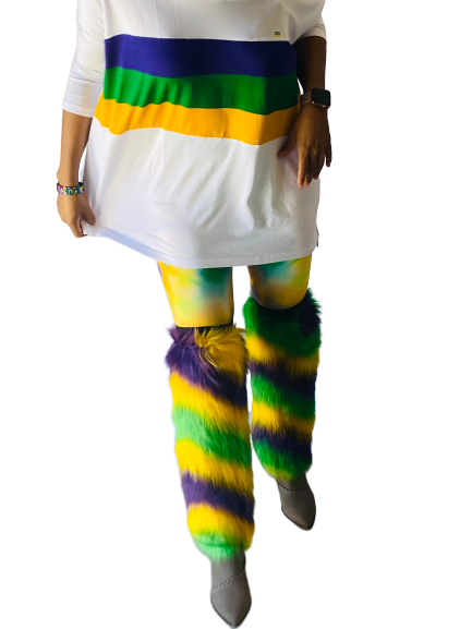 Fuzzy Leg Warmers with Multi Purple Green Gold Stripes – Mardi