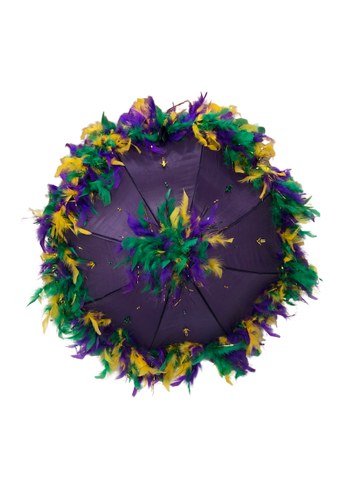 Parasol de Plumas de Mardi Gras - Plumas Moradas, Verdes y Doradas