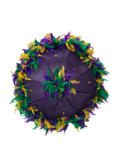 Mardi Gras Feathered Parasol - Purple, Green, and Gold Feathers