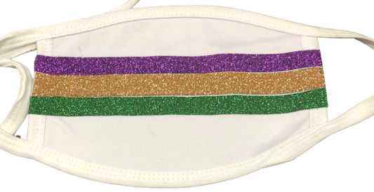 Masque facial à rayures pailletées violettes, vertes et dorées