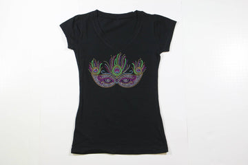 Mask with Peacock Feathers Rhinestone T-Shirt (Short or Long Sleeve)