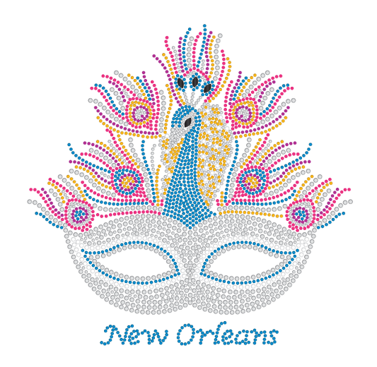 Mardi Gras Rhinestone Mask T-Shirt with Peacock Design
