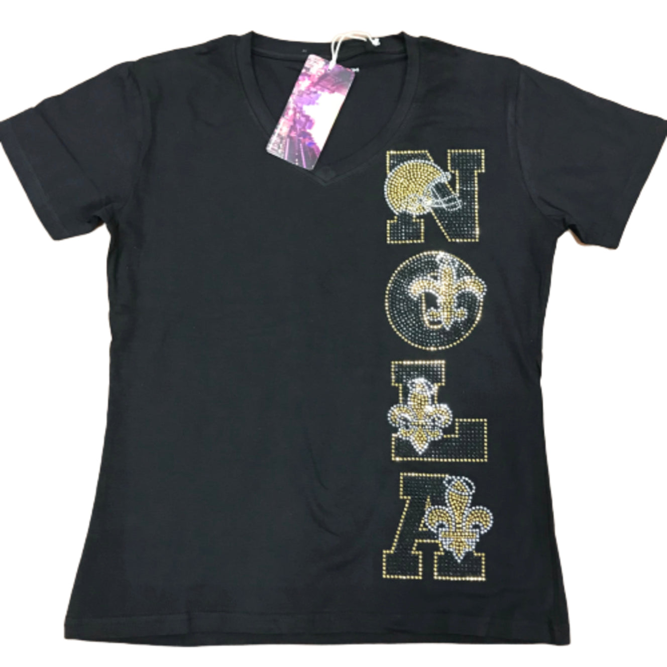 NOLA Rhinestone V-Neck Black Shirt Sleeve Ladies Shirt