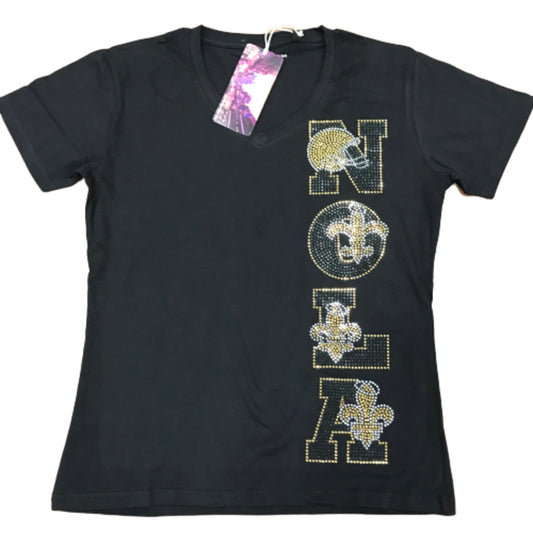 NOLA Rhinestone V-Neck Black Shirt Sleeve Ladies Shirt