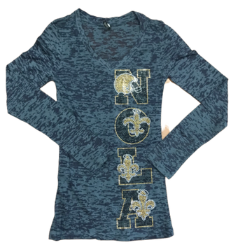 NOLA Gray Rhinestone Long Sleeve Burnout Shirt