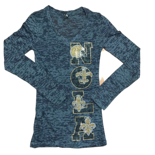 NOLA Gray Rhinestone Long Sleeve Burnout Shirt
